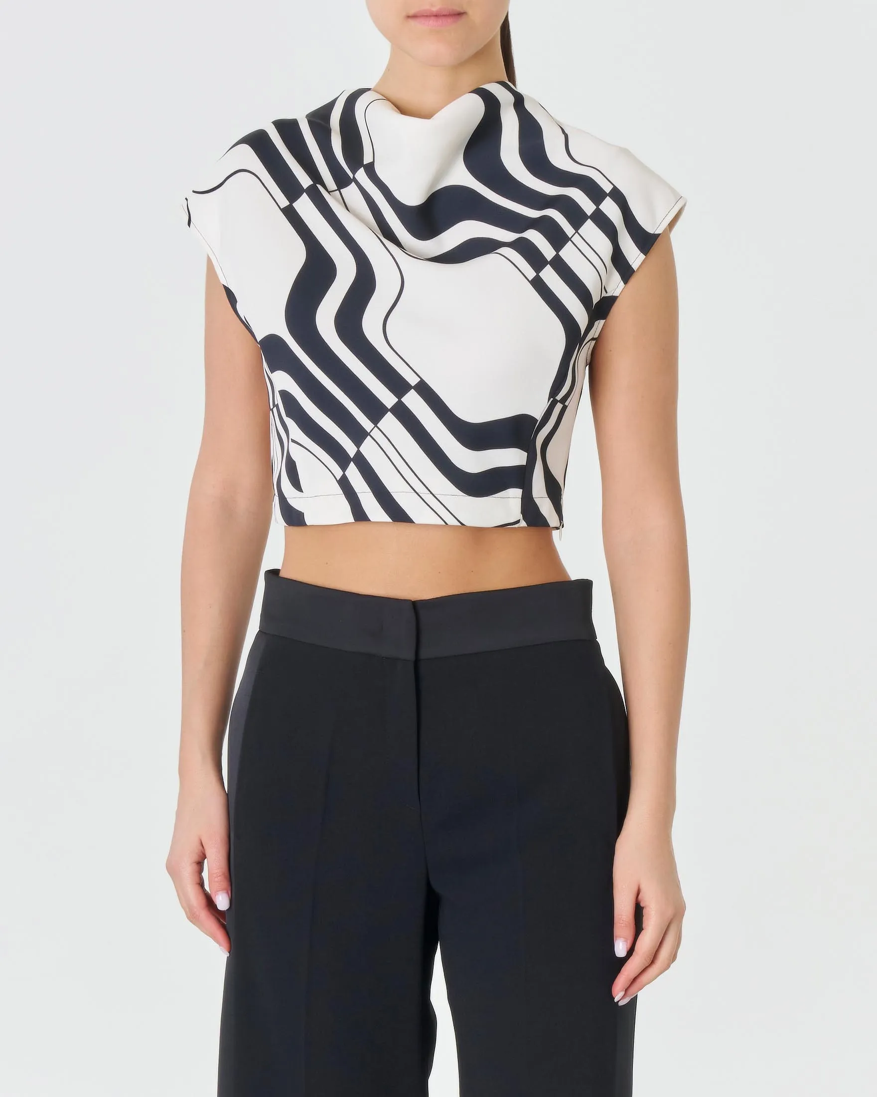 Crop top in crêpe envers satin a motivo anni '70 bianco e nero Marella ART. 365