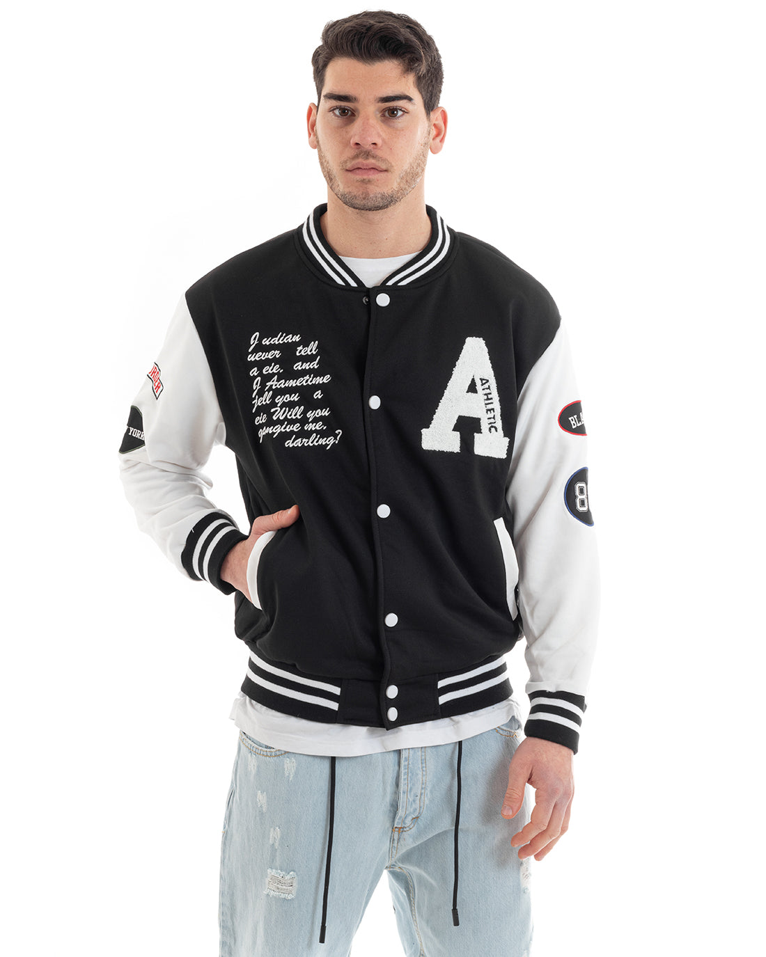 Felpa Uomo Giubbotto Girocollo Varsity College Stampa Con Patch Nero GIOSAL-F2971A