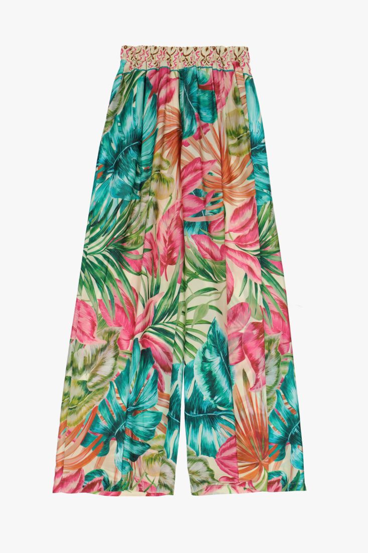 Pantaloni a palazzo fantasia botanica con tasche verticali