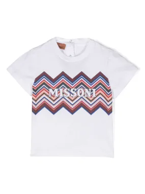 T shirt per neonato bianca con stampa logo Missoni su fondo multicolor a zig-zag