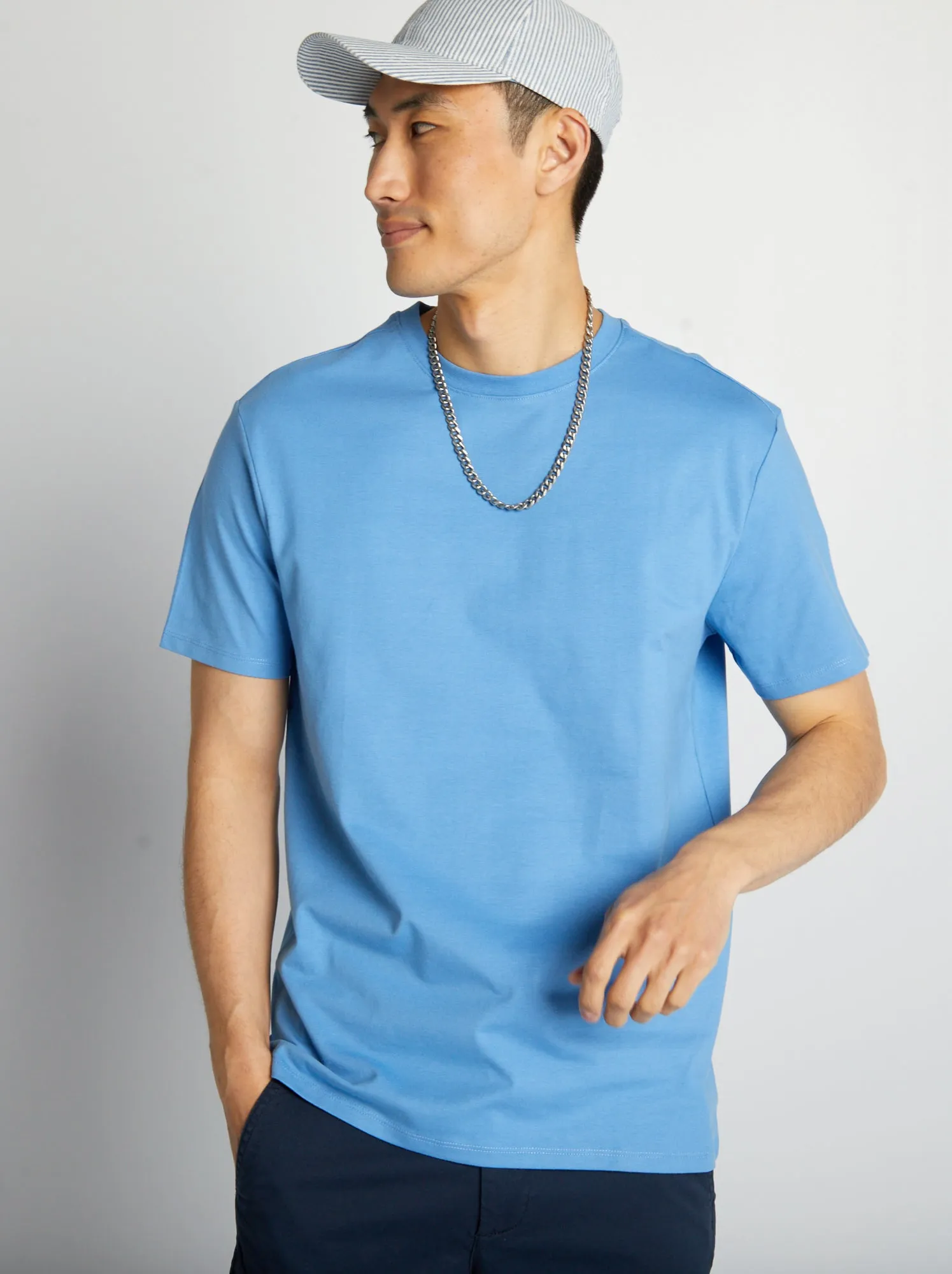 T-shirt scollo tondo in cotone - BLU